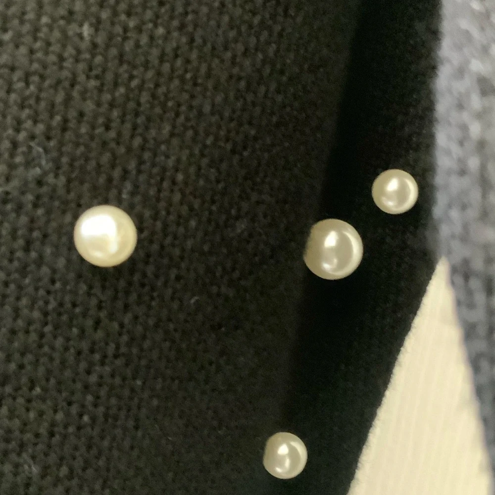 London Times Black Knit Dress  White Pearl Accents Scalloped Neckline NWT Large - Picture 3 of 8